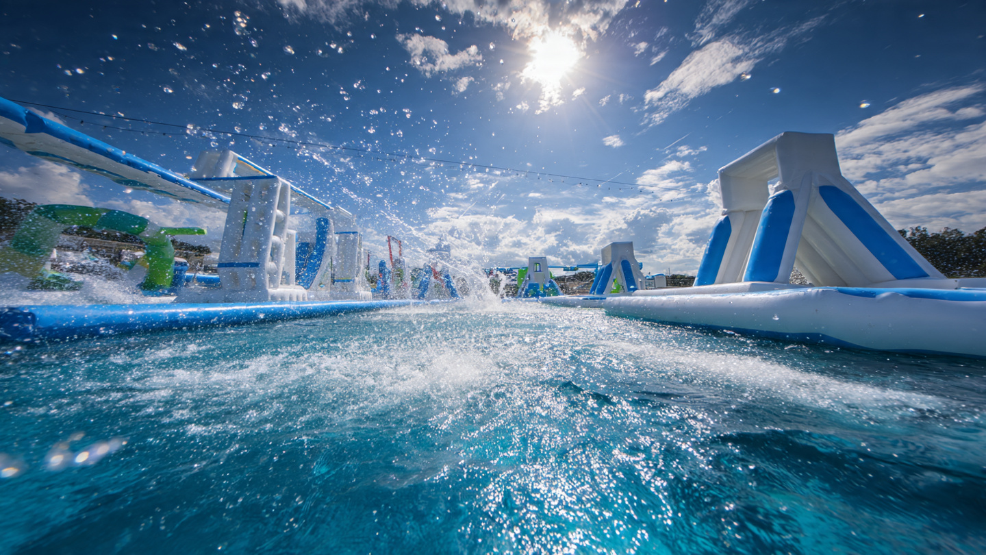 Stoke Factory inflatable aqua park splashing in the Texas sun