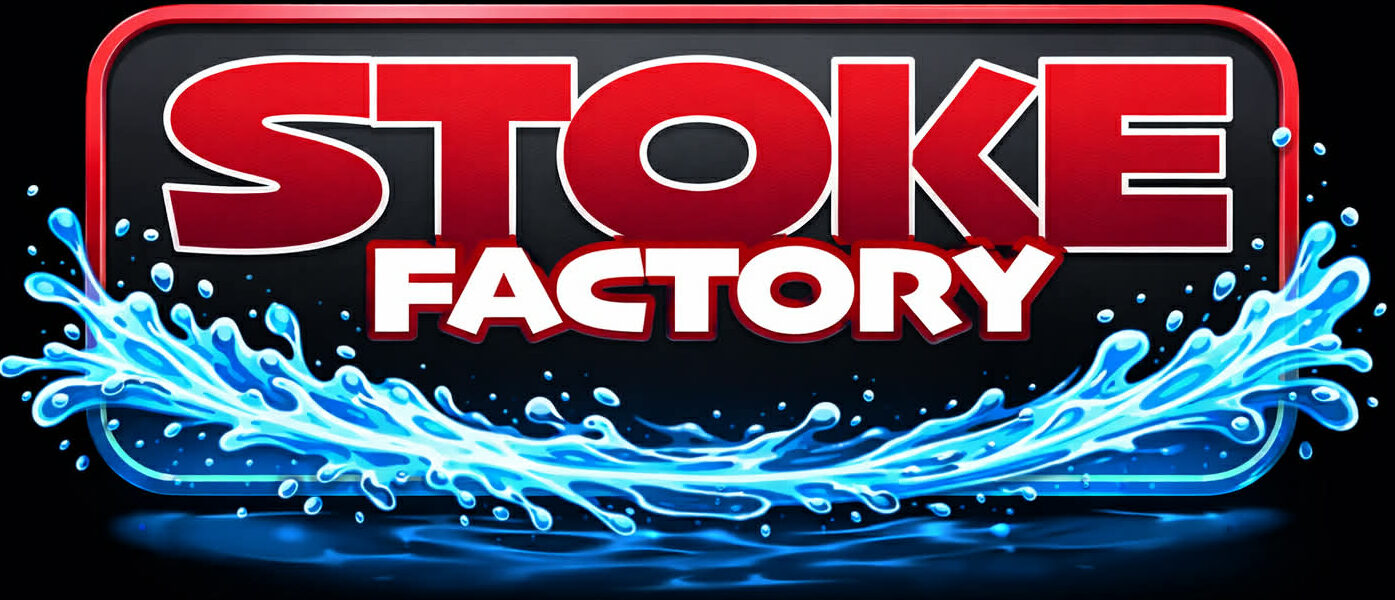 The Stoke Factory logo — red wordmark with blue water splash
