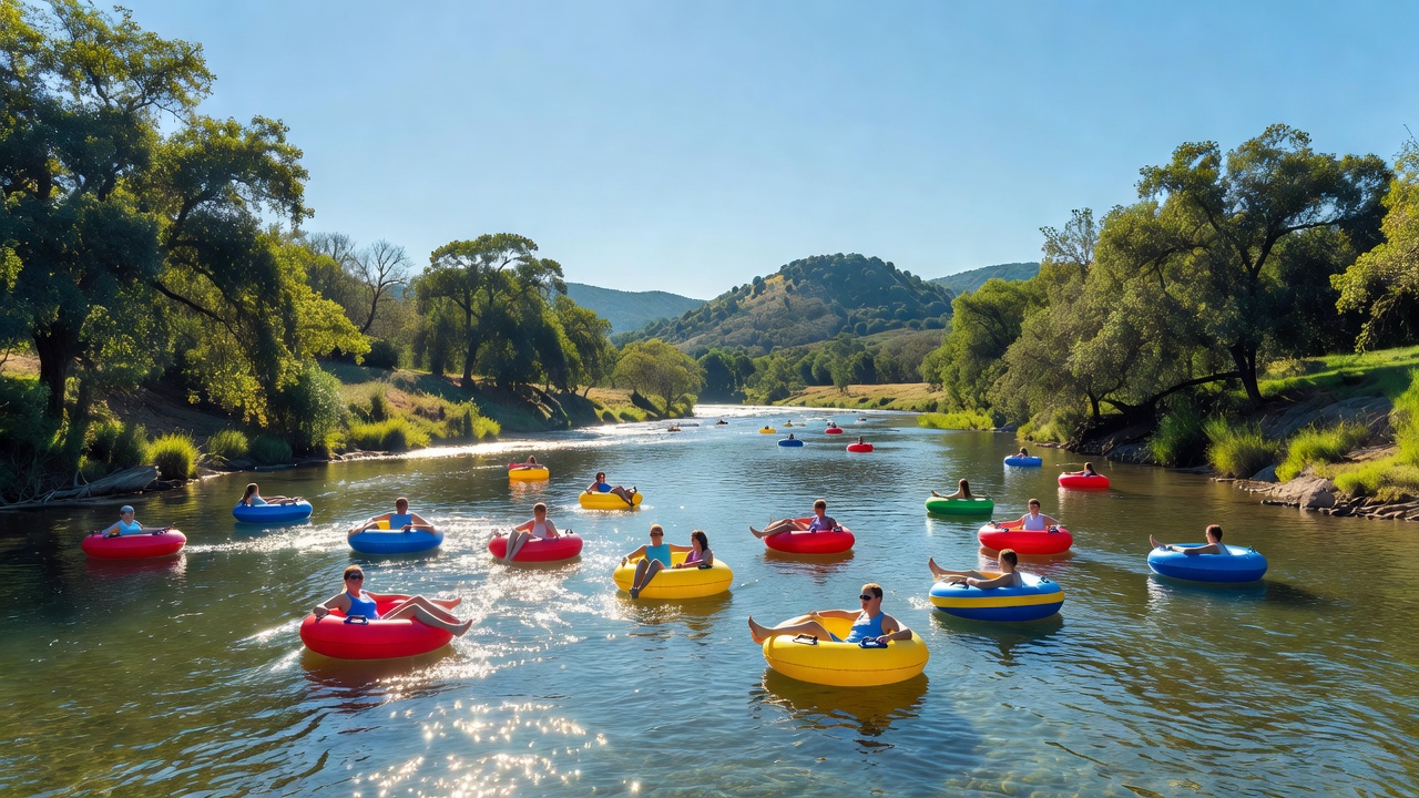 Friends tubing down the river on a sunny Texas lake day
